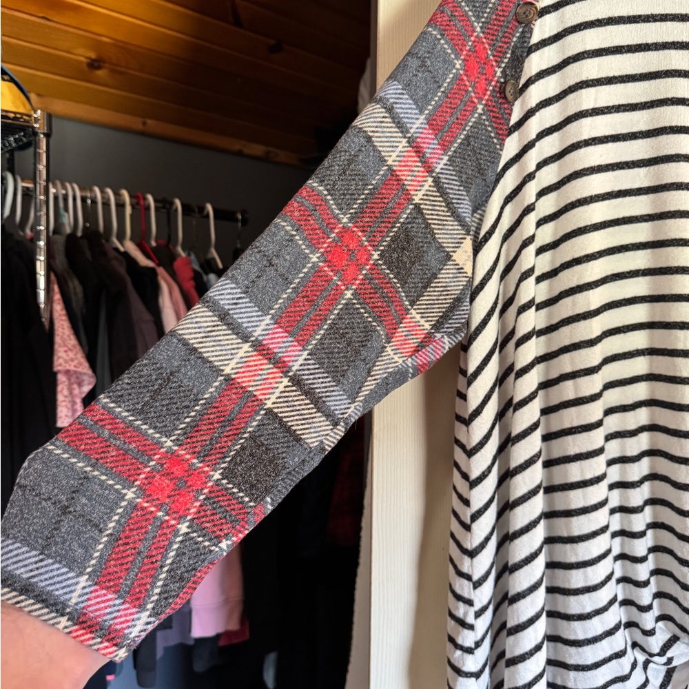 Maurices Black & White Striped Top with Blue Plaid Trim - Picture 2 of 5